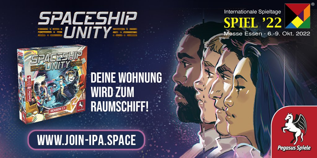 SPIEL_Messe's tweet photo. Die IPA braucht euch! @pegasusspiele nimmt euch zur #SPIEL22 mit auf eine intergalaktische Abenteuerreise in einem ganz besonderen Actionspiel.
Verwandelt eure Wohnung in ein Raumschiff und versucht den Galaktischen Frieden zu wahren!
https://t.co/5n7zqEgZzA #JoinTheIPA https://t.co/pppsYuv4Ll