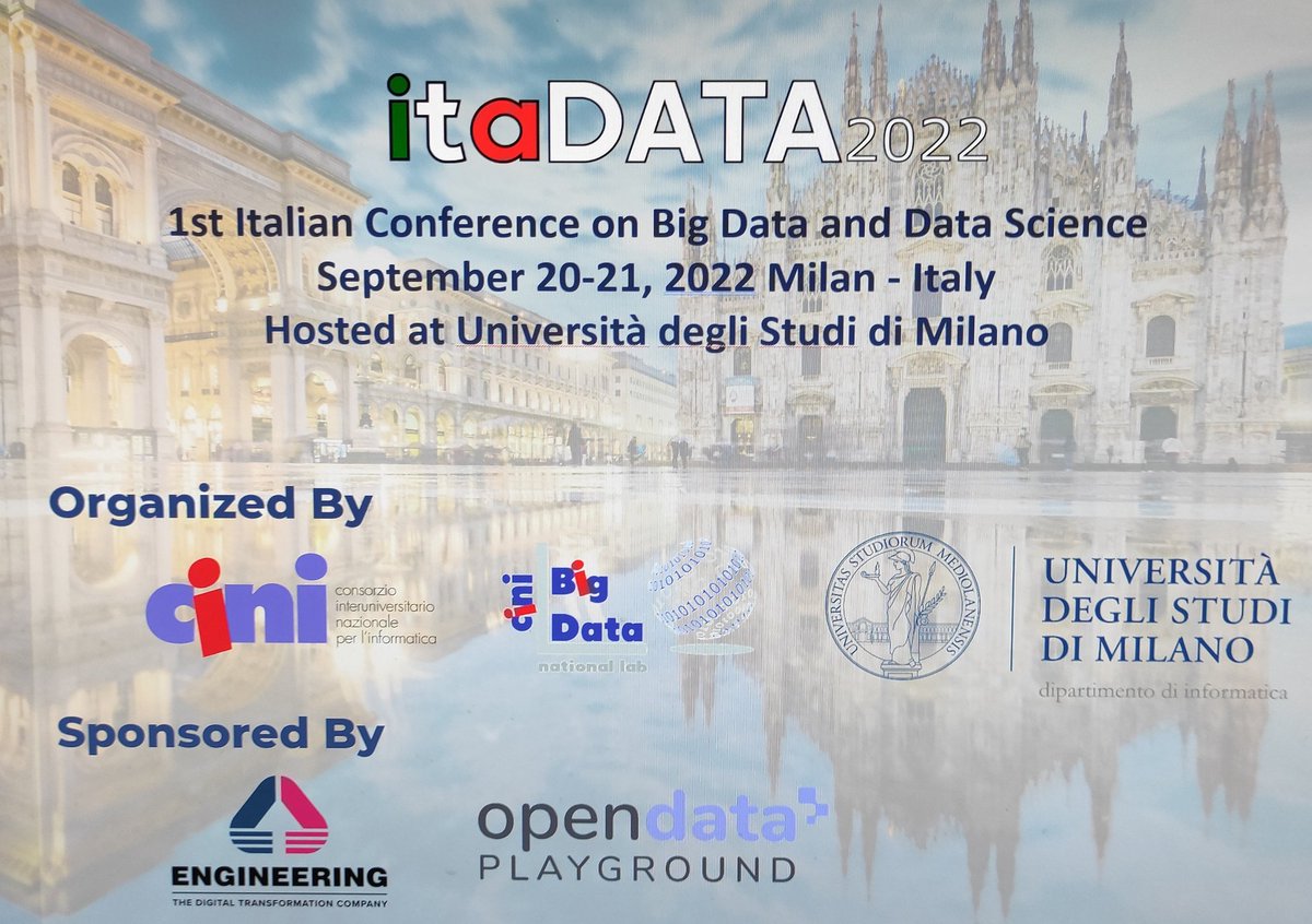 #ItaDATA 2022 conference the event of the CINI National Lab on Big Data just started. We will discuss the role and future of #BigData and #DataScience in Italy. The event is sponsored by <a href="/EngineeringSpa/">ENGINEERING GROUP</a> and open data playground, and organized by <a href="/LaStatale/">Università degli Studi di Milano</a> and the <a href="/ConsorzioCINI/">Consorzio CINI</a>