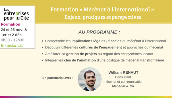 mecenova's tweet photo. [Formation] 📢 Découvrez le programme de la #formation sur le #mécénat à l’#international concocté par @LepC_France x @WRenaut  
📆 Rdv les 24, 25 nov. Et 1er &amp; 2 déc. ! ( 4 matinées) 
📩 Infos et inscriptions : oriane.hostin@reseau-lepc.fr https://t.co/ibezB65sAF