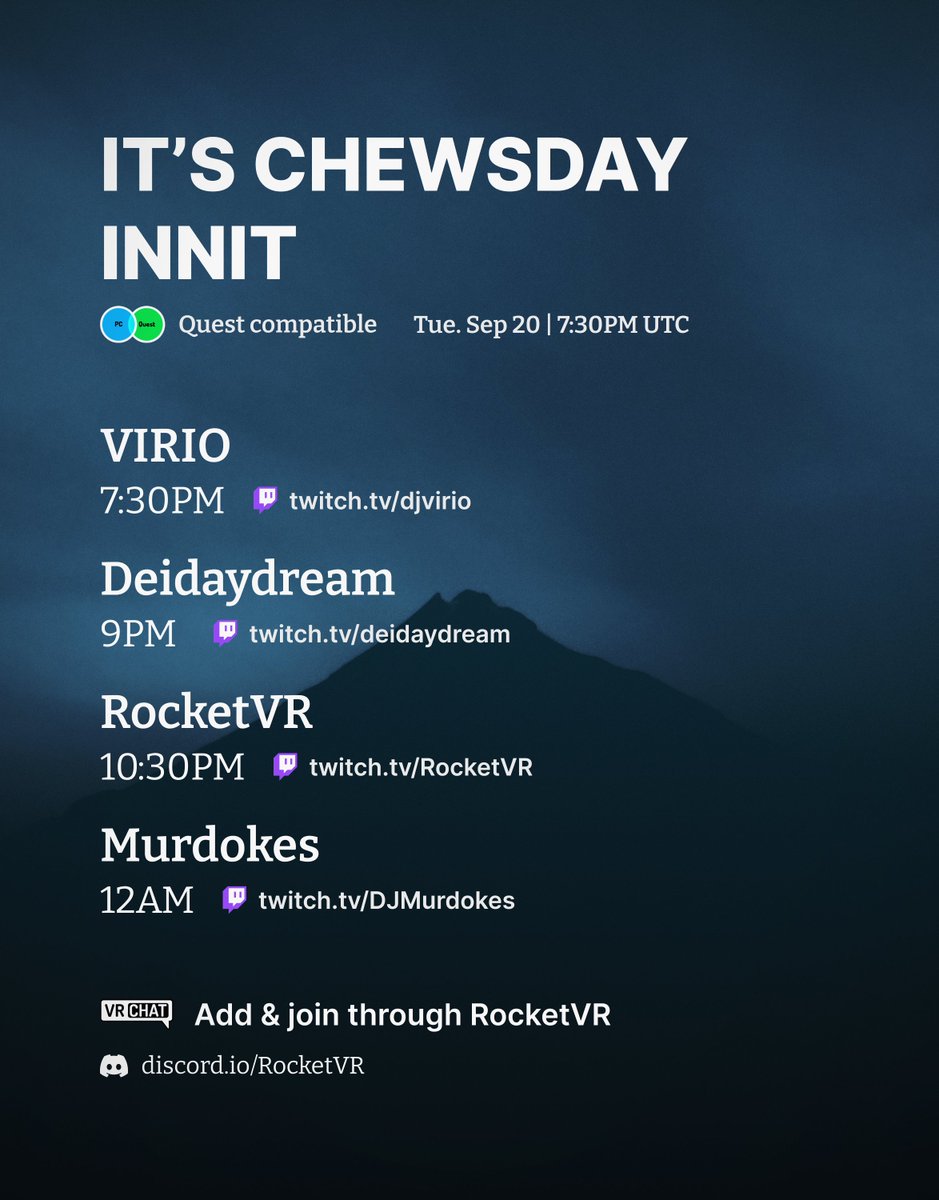 rocket_vr's tweet photo. 🎵It's CHEWSDAY INNIT by @rocket_vr 
🎧Featuring @DJvirio, @deidaydream &amp; @Murdokes1
⌚Starts 9:30PM CEST // 8:30PM BST // 3:30PM EST
👓Quest Compatible! Bruv
➡ How to join: Add &amp; Join "RocketVR": https://t.co/7BM0lIwRWP
#VRChat #VRC #DNB #DJ #VR #Industrial #EDM #meta #Quest2 https://t.co/siGo3pVdaY