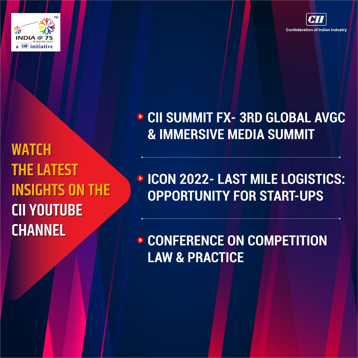 FollowCII's tweet photo. Did you watch the latest #videos of CII events & initiatives?
Visit the #CIIYouTube channel and stay updated!
#SuscribeNow ➡️ https://t.co/0bX9yW0N9n
#CIIonYoutube #watchnow #Like #Share #Subscribe #YouTube https://t.co/TrECCCVzaj