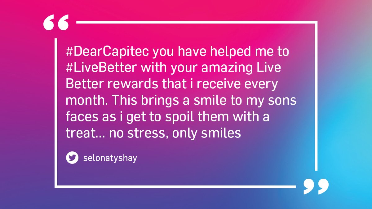 CapitecBankSA's tweet photo. Dear @selonatyshay thank you for the message. We are happy to be part of your journey and helping you #LiveBetter. ❤

Check your DM we have a surprise for you 😉

#DearCapitec https://t.co/kanbR6oijK