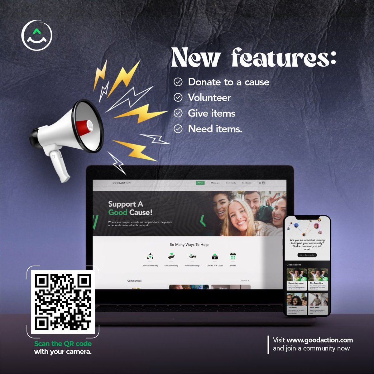 GoodActiontech's tweet photo. GoodAction keeps improving. Checkout our new features. 

Now donate items directly to others- a core vision of GoodAction. 

Need something? Engage directly with those looking to assist. 

#goodcharity #helpothers #findhelp #donate #donategoods #georgia #charity #techcharity https://t.co/OEHCLzWoIV
