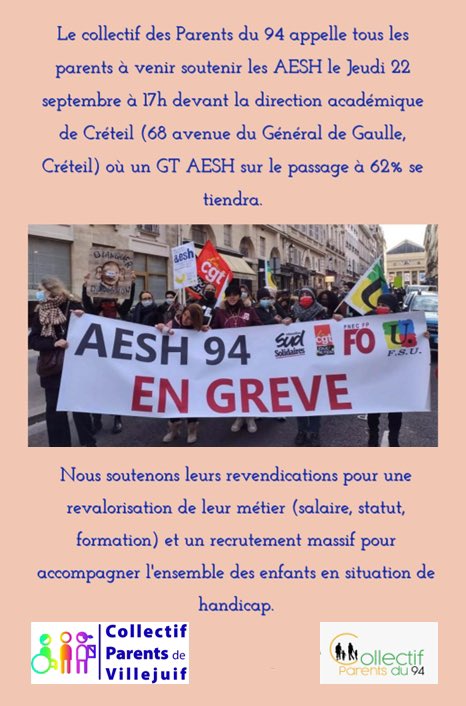 Rdv devant la DSDEN de Créteil jeudi à 17h pour soutenir les AESH qui sont indispensables pour une école inclusive. >40 AESH manquants à <a href="/VilleVillejuif/">Ville de Villejuif</a> 🆘 On veut un #plandurgencepourleducation : statut, salaire, formation et conditions de travail revalorisés&amp; recrutement massif