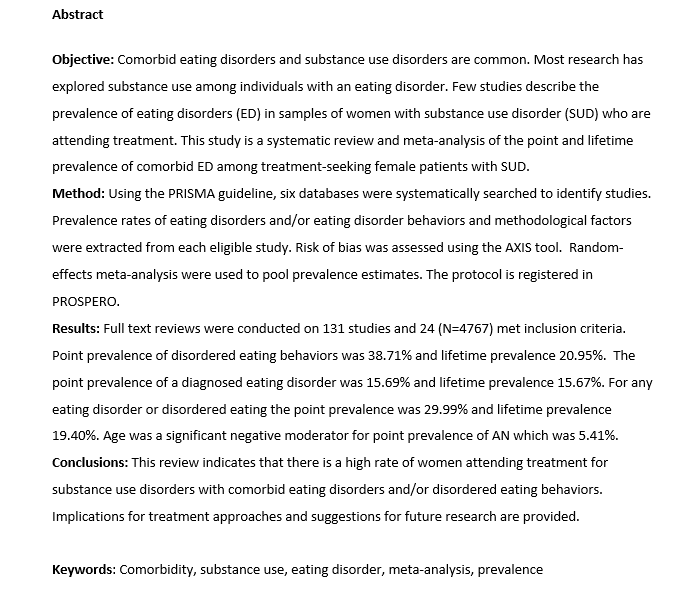 AddictResTheory's tweet photo. “Comorbid eating disorders among women receiving treatment for substance use disorders: A systematic review and meta-analysis” by @DocLaurarobo, Emma Walter, Frank Deane &amp; Briony Larance #accepted @UOW https://t.co/WmeXRDZxp7
