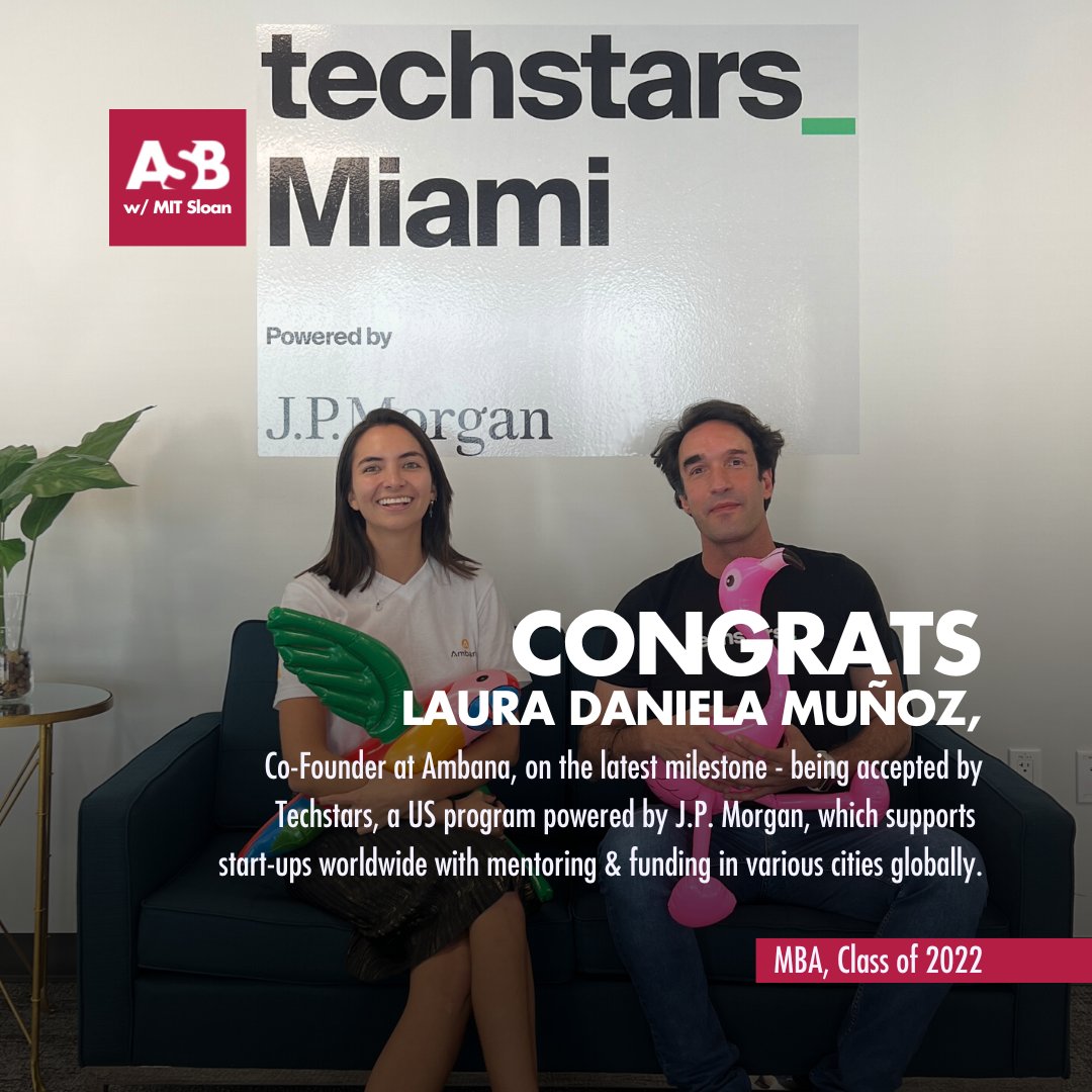 ASBedu_official's tweet photo. Congrats, Laura (MBA '22), on your latest milestone as the co-founder at Ambana – being accepted by @Techstars powered by @jpmorgan, which supports #startups worldwide with mentoring and funding in various cities. Ambana democratizes access &amp; investment in real estate. #asbMBA https://t.co/E08DSesTt7