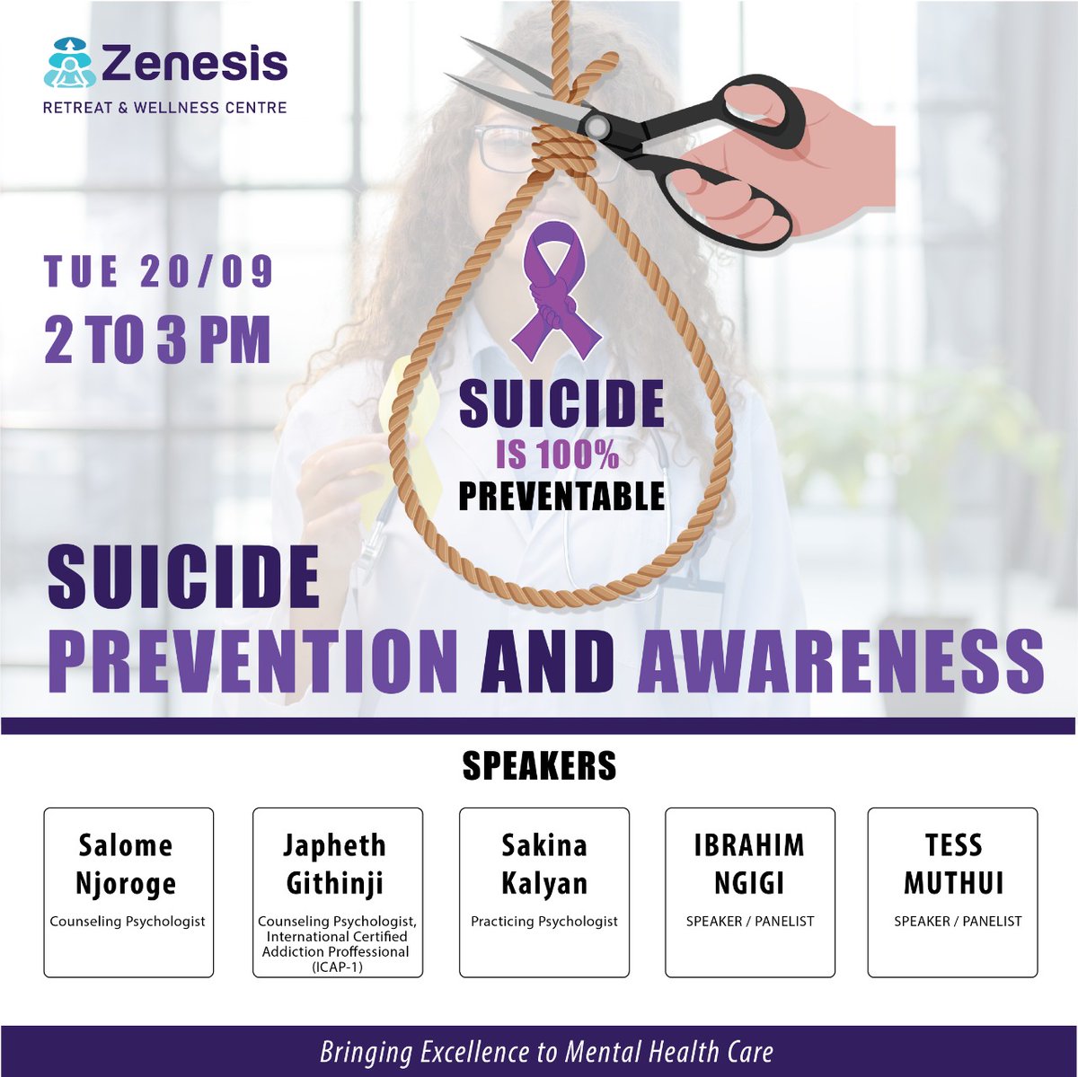 ZenesisWellness's tweet photo. Join us today as we create awareness on suicide.
Zenesis webinar
Tuesday 20 Sep  •  14:00–15:00
Google Meet joining info
Video call link: https://t.co/f5QvdKLihq
@ChiromoHospGrp @syengomutisya @peris_gichukii @kilimanispeaks https://t.co/C8GrEpgcIa