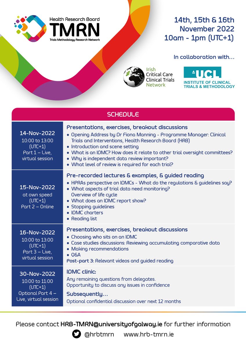 Three great days to be immersed in practical learning on our new #TrialsEssentials programme - Independent #DataMonitoring Committee short course with our friends @ICTM_UCL @mattsydes & @ICCCTN. Places limited & allocated based on need. #TrialsMethodology hrb-tmrn.ie