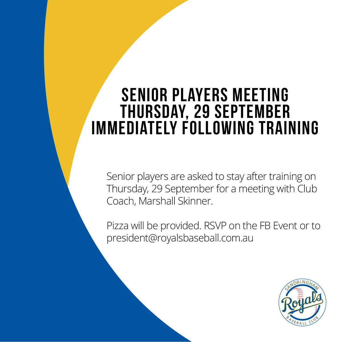 SandyRoyalsBC's tweet photo. Senior players - stay after training for pizza and updates on the 2022/23 season. #sandybaseball https://t.co/5G5AGTZ2Ju