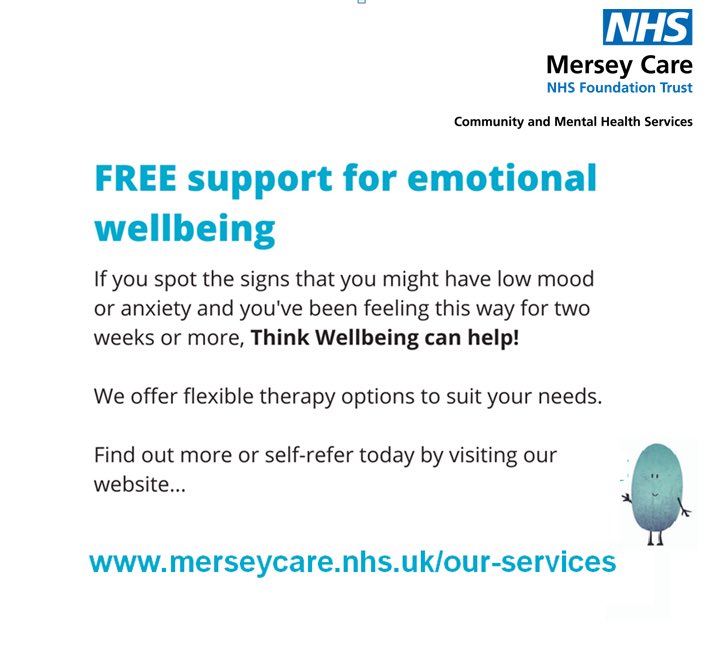 Mersey_Care's tweet photo. #ThinkWellbeing π
Β
Our Think Wellbeing service offers free #NHS therapy for people who live in #Halton #Knowsley or #StHelens who are struggling with #anxiety or #depression π
Β
Find out more and self refer today β¬
Β
https://t.co/l9h2DdQT5i
Β
#NHS #TalkingTherapy #Stress https://t.co/frbBNtP5M3