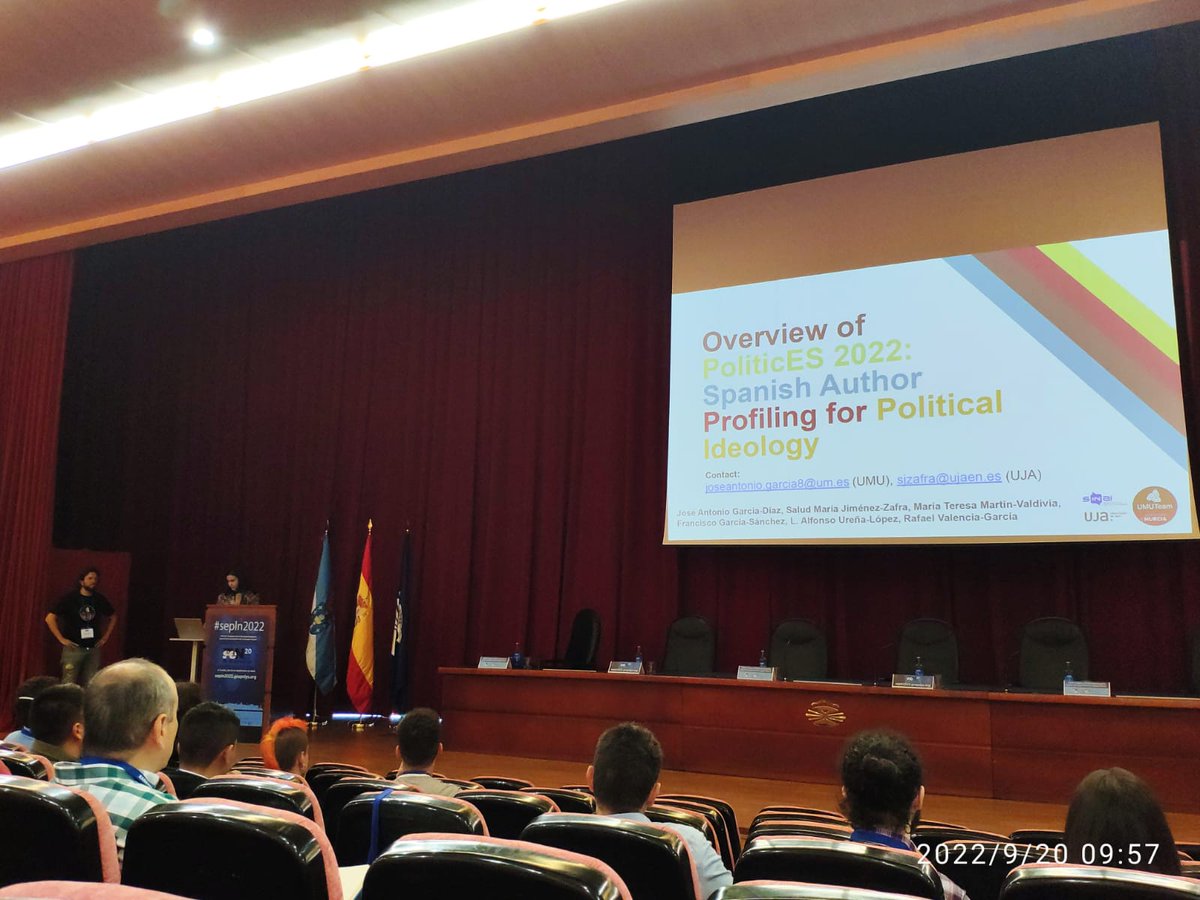 NLP_umuteam's tweet photo. @SaludJZ and @JosAntonioGarca presenting the PoliticES task organised between @NLP_umuteam and @NLP_SINAI #IberLEF #SEPLN2022 https://t.co/NjUNUIKJq1
