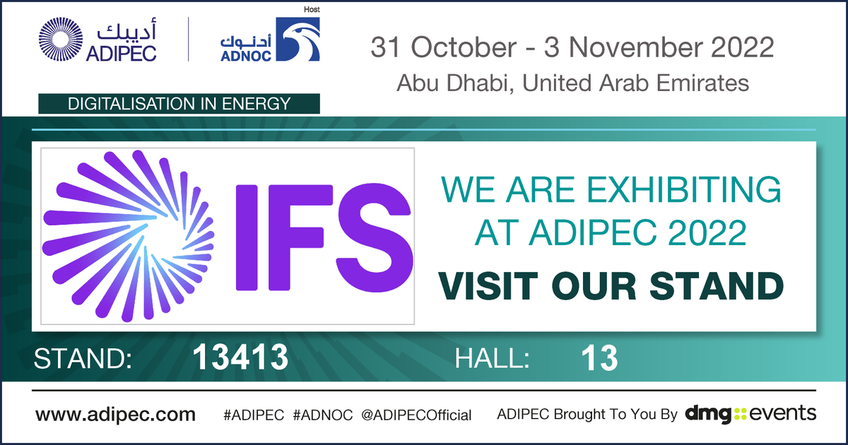 IFSMiddleEast's tweet photo. IFS are proud sponsors of ADIPEC 2022! We are excited to show you how IFS can help energy organizations optimize their assets and gain better control of projects globally. We will be in the Digitalization Zone Stand #13413. ​
​
Register for the event here: https://t.co/dMf1z09TCc https://t.co/TI6i9bI2c4