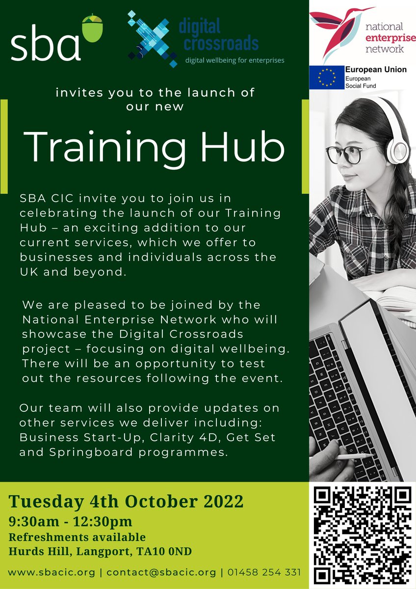 📆New date set for the pre-launch of our training hub - 4th October 2022 at Hurds Hill
Joined by @natentnet] introducing their Digital Crossroads project.
☕ Refreshments and lunch provided - eventbrite.co.uk/e/sba-training…

#Training #TrainingHub #Events #Somerset #DigitalCrossroads