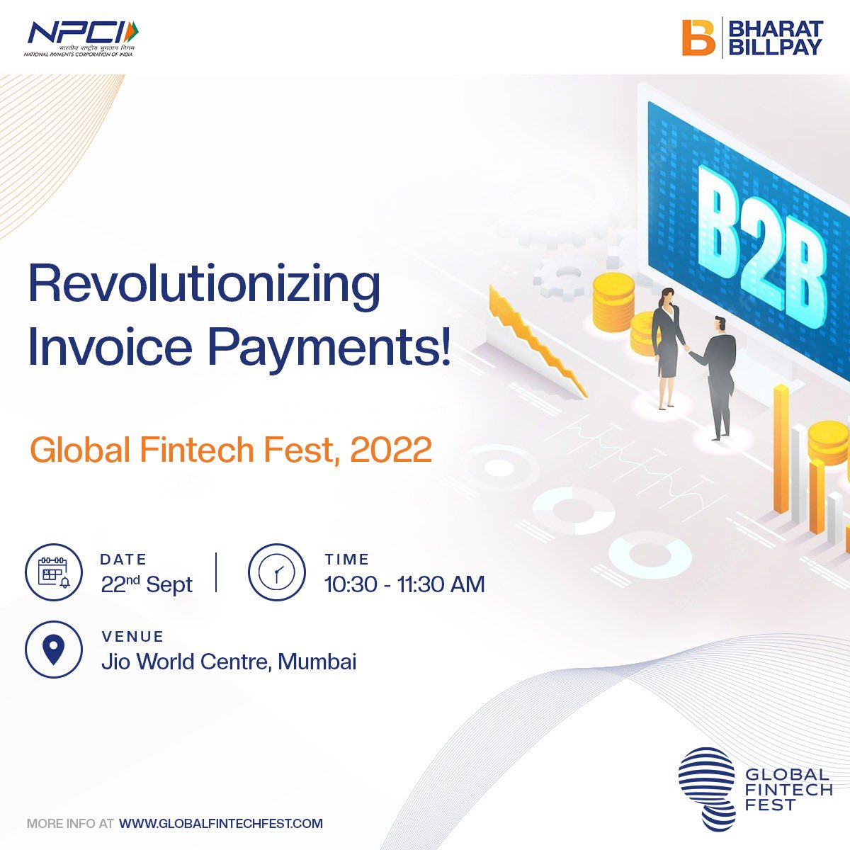 BharatConnect_'s tweet photo. To make invoice payments easier, BBPS is launching B2B Payments at Global Fintech Fest in Jio World Centre, Mumbai.
#BharatBillPay #BBPSInnovationsLaunch #GlobalFintechFest #GlobalFintechFest2022 #Fintech #NewLaunch #ProductLaunch #GFF2022 #Fintech2022 #DigitalTech #B2BPayments https://t.co/THO92YyjuP