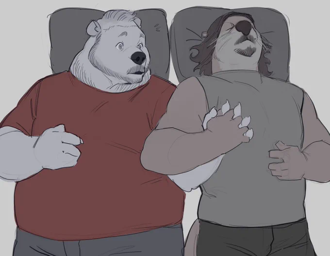 bear Deadman doesn't really understand otter Sam's concept of sleeping holding hands... He is great with bear hugs tho 