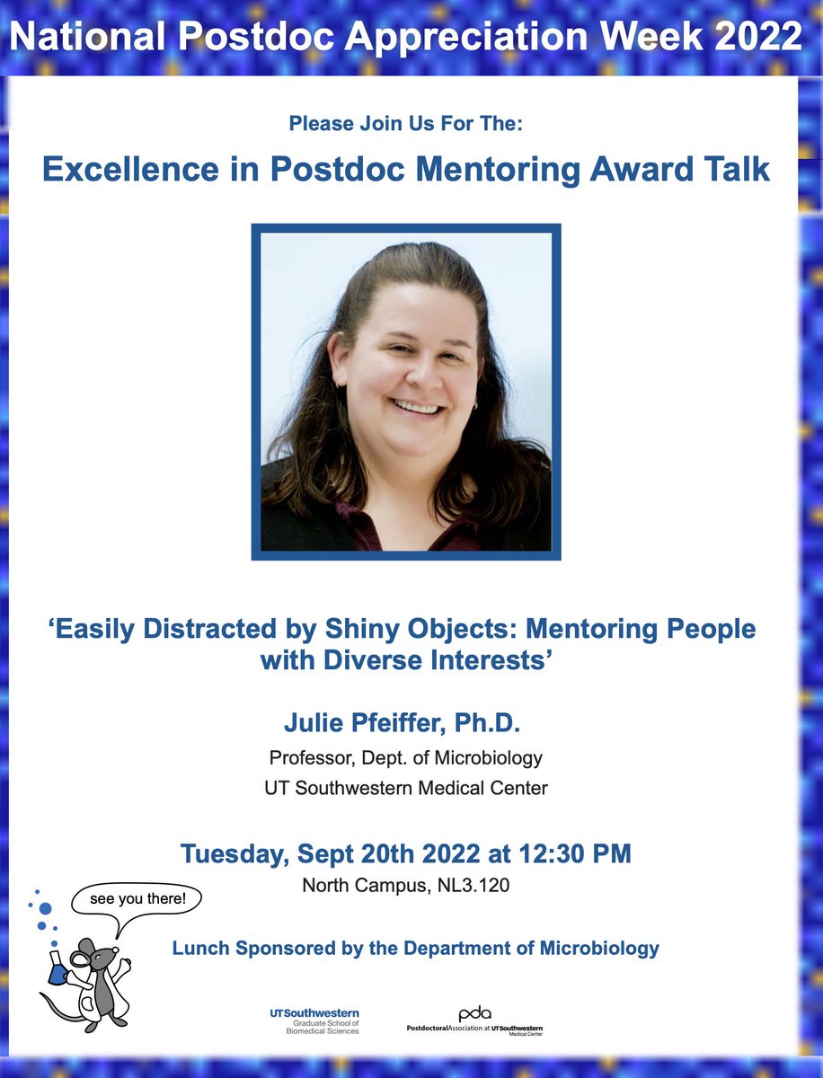 PDA at UTSW (@utswpda) on Twitter photo Ready for our next #NPAW2022 highlight? We congratulate <a href="/jkpfeiff/">Julie Pfeiffer</a> on receiving our Excellence in Postdoctoral Mentoring Award! Thank you <a href="/jkpfeiff/">Julie Pfeiffer</a> for being an awesome mentor to our postdocs! We are looking forward to your seminar! Ready for our next #NPAW2022 highlight? We congratulate <a href="/jkpfeiff/">Julie Pfeiffer</a> on receiving our Excellence in Postdoctoral Mentoring Award! Thank you <a href="/jkpfeiff/">Julie Pfeiffer</a> for being an awesome mentor to our postdocs! We are looking forward to your seminar!