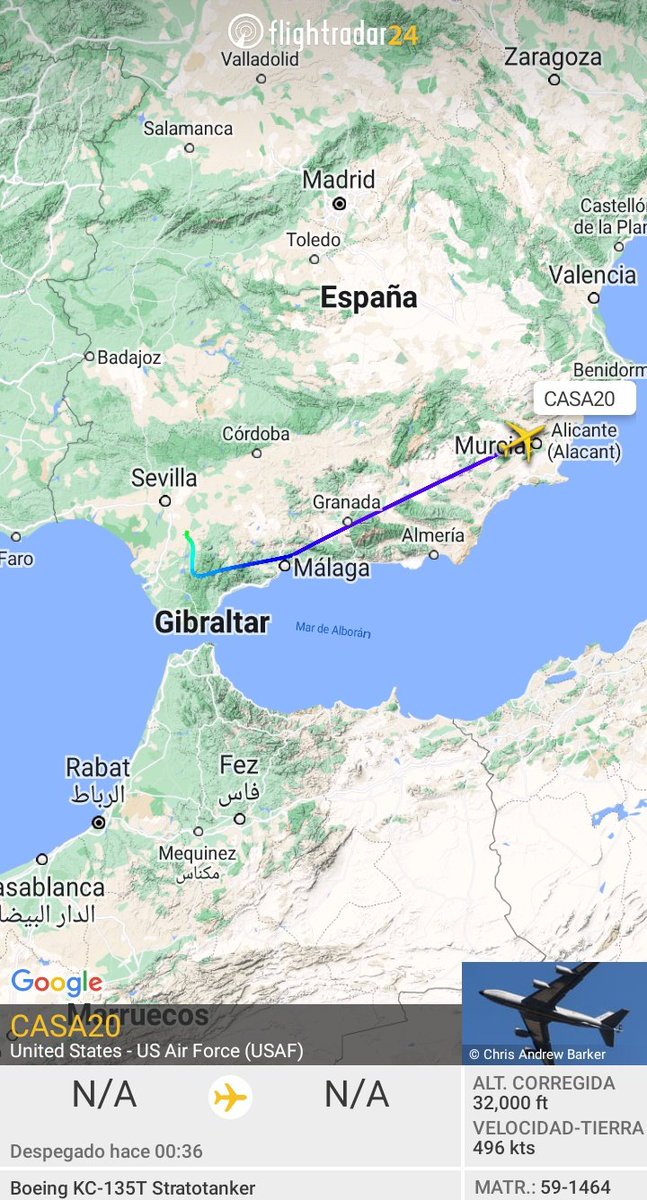 MilRadar's tweet photo. 🇺🇸 #USAF KC-135T Stratotanker 59-1464 del #351stARS despega desde #Morón y con rumbo E sobrevuela #Murcia hacia nueva misión #AAR sobre #Rumanía https://t.co/GwUVgxYodM