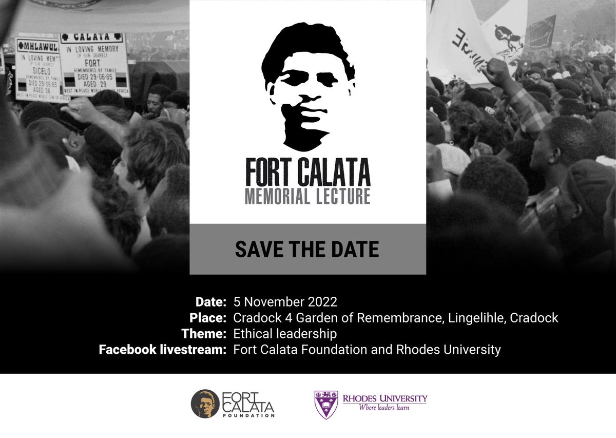 The 2nd annual <a href="/FortCalata/">Fort Calata Foundation</a> Memorial Lecture on Saturday, 5 November 2022.

Panellists include: #AllanBoesak <a href="/KoneGugushe/">Kone</a> &amp; <a href="/zeldaholtzman/">Zelda Holtzman</a> 

Theme: #EthicalLeadership

#FCML2022 #CradockFour <a href="/lukhanyocalata/">lukhanyo calata</a> <a href="/Rhodes_Uni/">Rhodes University</a> <a href="/JacobsLuzuko/">Luzuko Jacobs</a>
