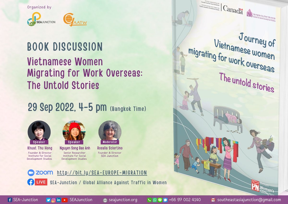 #Online Event
Book Discussion on "Vietnamese Women Migrating for Work Overseas: The Untold Stories" organized by <a href="/SEAJunction/">SEA Junction</a>  and <a href="/GAATW_IS/">GAATW</a> 
📅 29 September 2022
⏲ 4:00-5:00 pm (BKK Time)
The event will be live-streamed via zoom (bit.ly/SEA-EUROPE-MIG…) and SEAJunction Fb Page