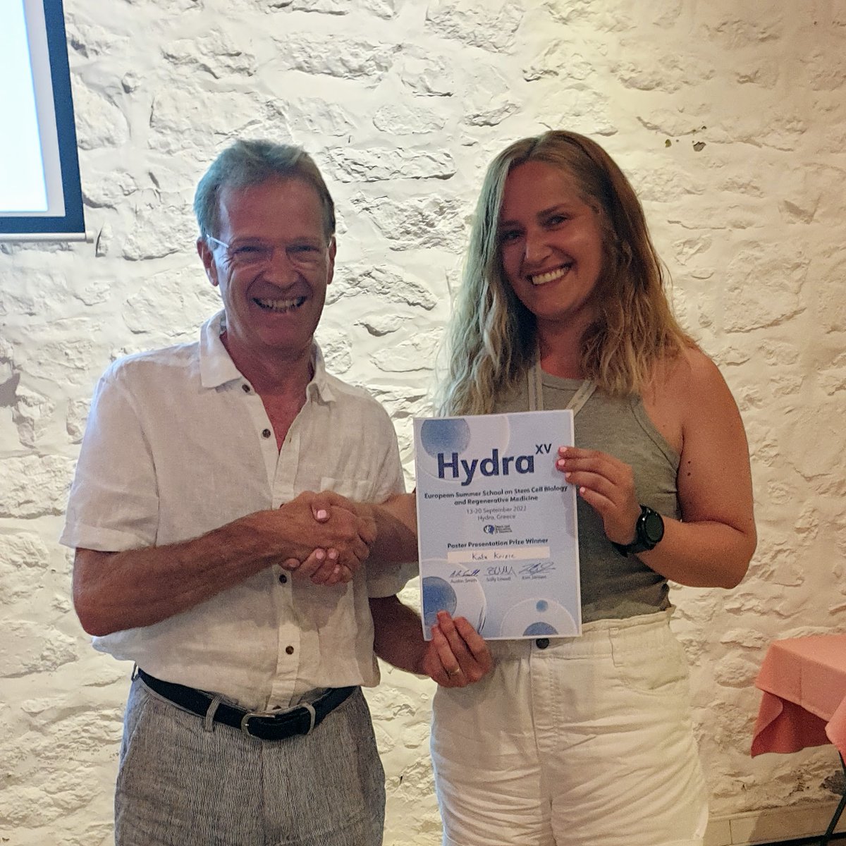 HydraSchool's tweet photo. Big congratulations to Pranay Shah, winner of the coveted Paolo Bianco #HydraXV Poster Prize 

Congratulations also to the two runners up, Charles Williams and Kata Krizic. 

Here they are being awarded their magnificent certificates by Austin Smith https://t.co/n5qsPBid3f