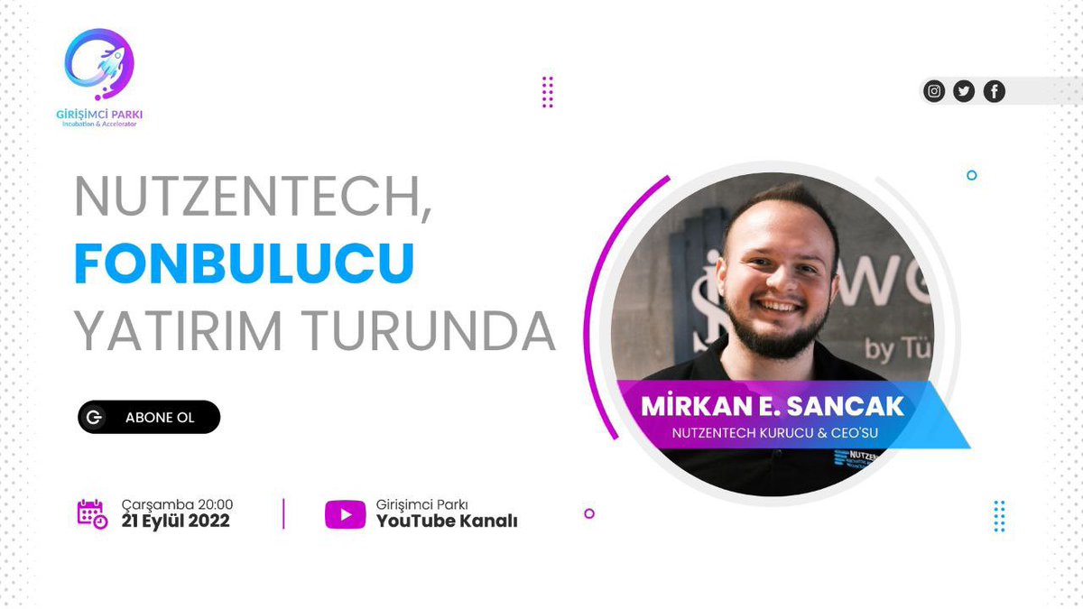 📣 Değerli yatırımcı adaylarımız ve takipçilerimiz,

⚠️ Kurucu ortağımız ve CEO’muz @mirkan_sandzak <a href="/girisimciparki/">Girişimci Parkı</a> özel daveti ile <a href="/fonbulucu/">fonbulucu</a> üzerindeki şirket fonlamamız hakkında konuşacak. 

🫵 Sizleri de <a href="/nutzentech/">NutzenTech</a> hakkında daha fazla bilgi almak için yayına bekliyoruz.