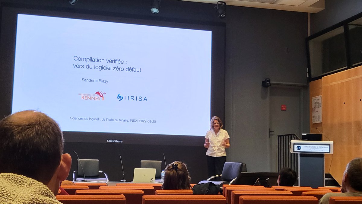 MireilleBF's tweet photo. Après un super exposé de Hélène Waeselynck sur les tests par simulation, Sandrine Blazy introduit Compilation vérifiée #SciencesDuLogiciel @GdrGPL https://t.co/0CiTclJHgt