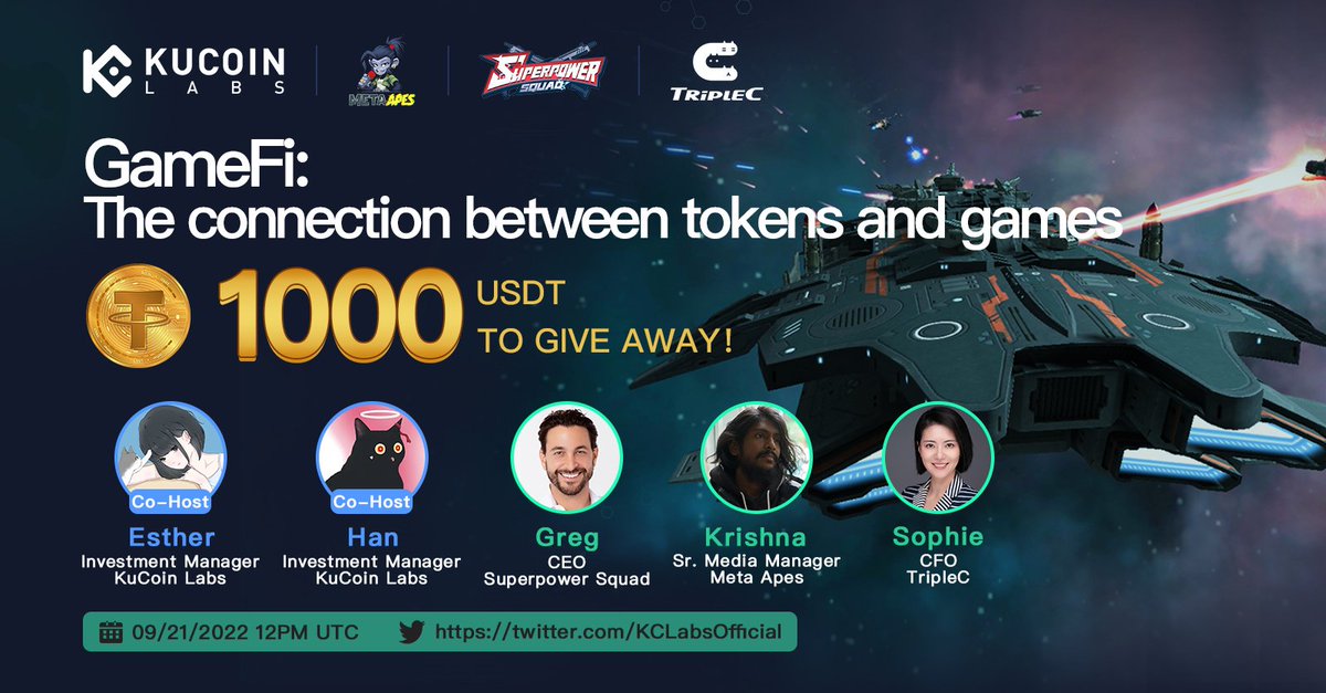kucoincom's tweet image. Let&apos;s talk about #GameFi

Join the Twitter Space hosted by @KCLabsOfficial to win $1,000 GIVEAWAY!

1⃣ Follow @kucoincom @KCLabsOfficial @Superpow_Squad @MetaApesGame @TriplecPlatform, RT &amp;amp; comment, 5 ppl will win $100 each
2⃣Ask questions during the AMA, each ppl will win $90