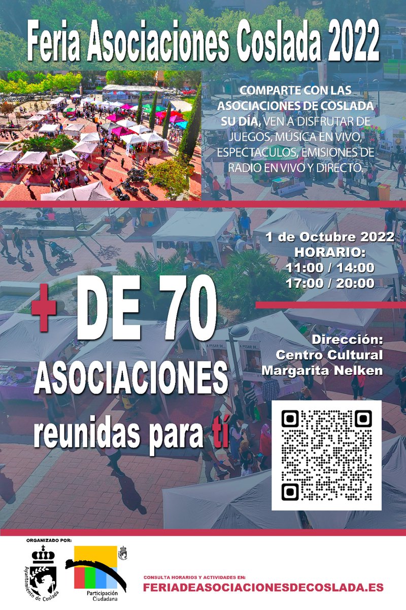 PARTICIPACIÓN CIUDADANA | 🔴🟦🔶 Feria de Asociaciones de #Coslada 2022

🗓️ Sábado 1⃣ de octubre, de partir de las 11:00 hs., en la explanada del Centro Cultural Margarita Nelken, Avd. Príncipes de España 18, Metro La Rambla, #Coslada

➕ℹ️⤵️
feriadeasociacionesdecoslada.es