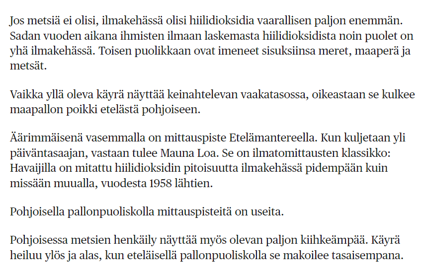 YrjoNiskanen's tweet photo. Mauna Loalla ko. vaihtelu on havaittu vuodesta 1958 alkaen (HS-leike). kts myös https://t.co/aeAShiUtdm Oikein hyvä että metsien hiilensidonta kiinnostaa! #hiilensidonta #ilmastonmuutos. Suomen metsät on huippua! https://t.co/ZzUN7CoTw1