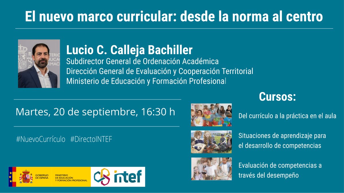 📌Esta tarde, a las 16:30 h., hablaremos sobre el nuevo marco curricular con Lucio C. Calleja Bachiller, Subdirector General de Ordenación Académica
#DirectoINTEF

📺 ¡Síguelo en directo! 👇

youtube.com/watch?v=6S-vET…