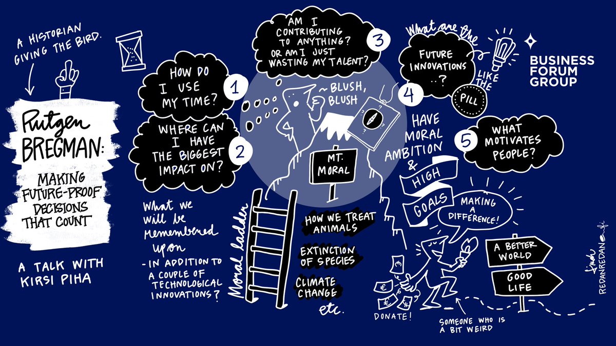 In our VIP session @kirsipiha interviewed historian <a href="/rcbregman/">Rutger Bregman</a> about future-proof decision making. Check out the sketchnote <a href="/saurau/">Linda Saukko-Rauta</a> created about the discussion’s key points! ✍️ We hear more from Rutger Bregman later today. #nbforum2022