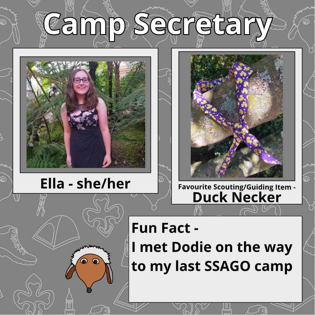 BhamSSAGO's tweet photo. Camp Secretary - Ella she/her. 
Fun fact - I met Dodie on the way to their last SSAGO camp. 
Favourite Scouting/Guiding item is their duck necker. https://t.co/t510i4iQaS