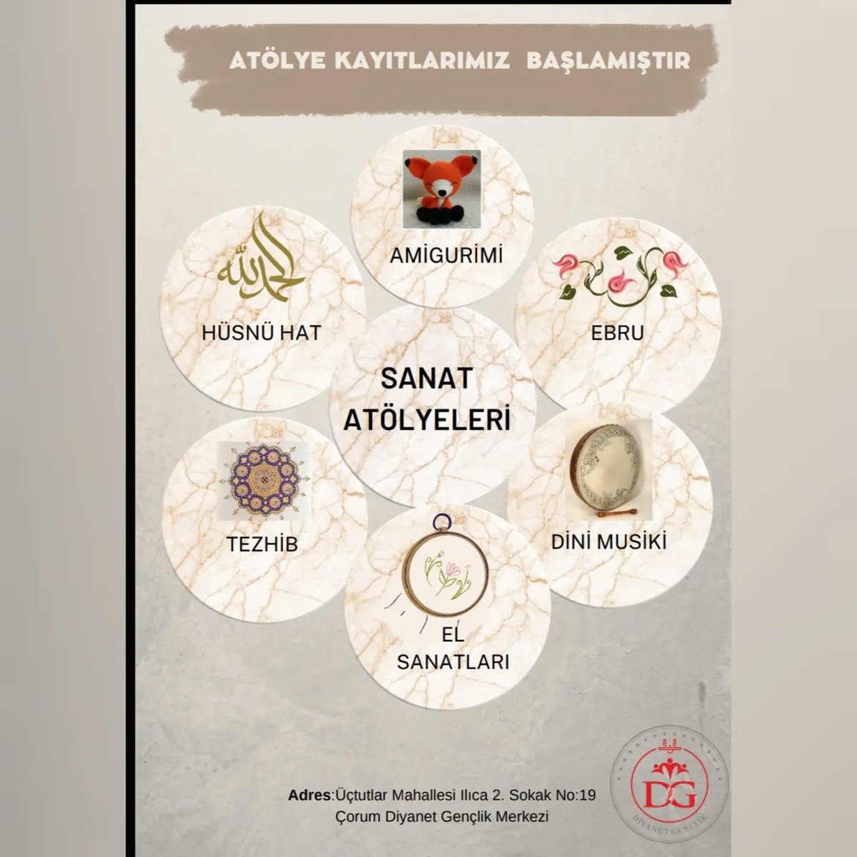'Sanat Atölyelerimize' kayıt olmak isteyenleri gençlik merkezimize bekliyoruz . 🙃

#corumdiyanetgenclik
#dibgenclik
#sanat
#sanatatölyeleri
#Amigurumi 
#hüsnühat
#ebru
#tezhip
#elsanatları
#dinimusîki
#bendir