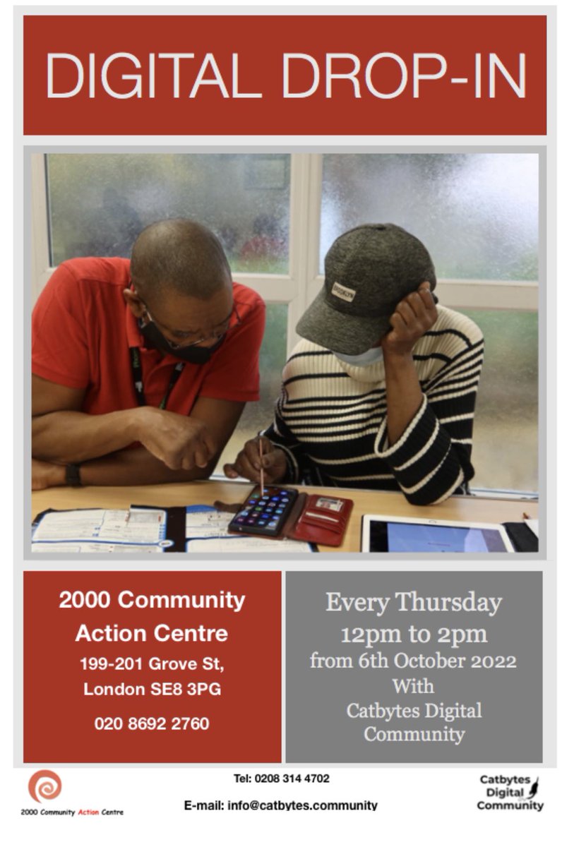 On Th 6th Oct 12-2 we’ll be starting a new drop-in session at 2000 Community Action Centre <a href="/2000cac/">2000CAC</a> #Deptford This will be a weekly drop-in for anyone needing digital support - setting up e-mails, using a new phone, completing an on-line form etc…<a href="/deptfordfolk/">DeptfordFolk</a> <a href="/deptfordsociety/">Deptford Society</a>