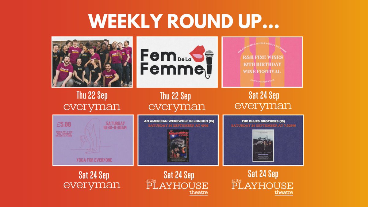 LivEveryPlay's tweet photo. It's another busy week with... 
@franticassembly #FranticIgnition 
Comedy with #FemDeLaFemme 
Wine festival with @RHFineWines 
Yoga with https://t.co/krnKE0Kd2w
&amp; @ReelTours films
Check out the full what's on ➡️https://t.co/S62AHoLNML https://t.co/NdsnXPAf8v