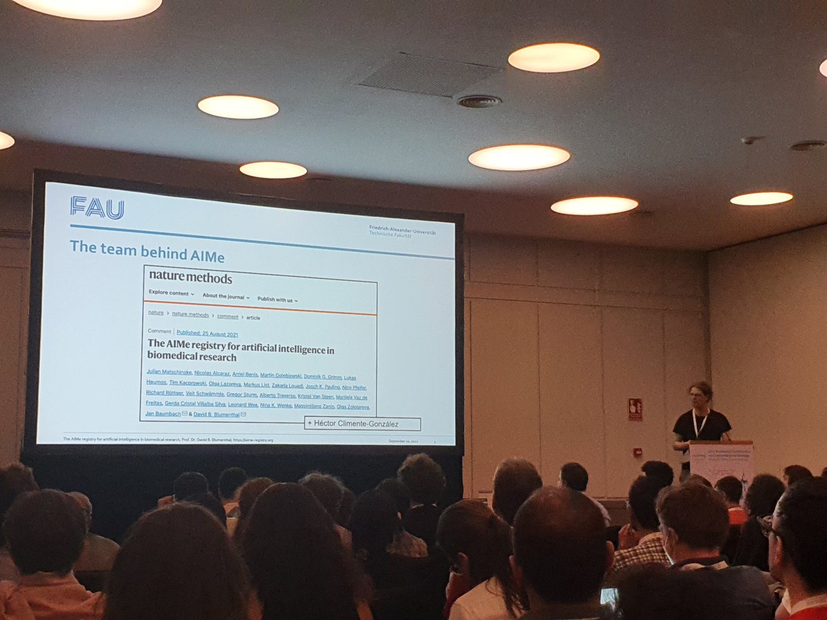 TheMarcelSchulz's tweet photo. Talk about the AIMe registry for methods in biomedical research by @dbblumenthal https://t.co/VIc2qq4NNE That use a descriptive reporting standard for submitted #AI models. #ECCB2022 @ECCBinfo #ML https://t.co/98IhsSbu6m