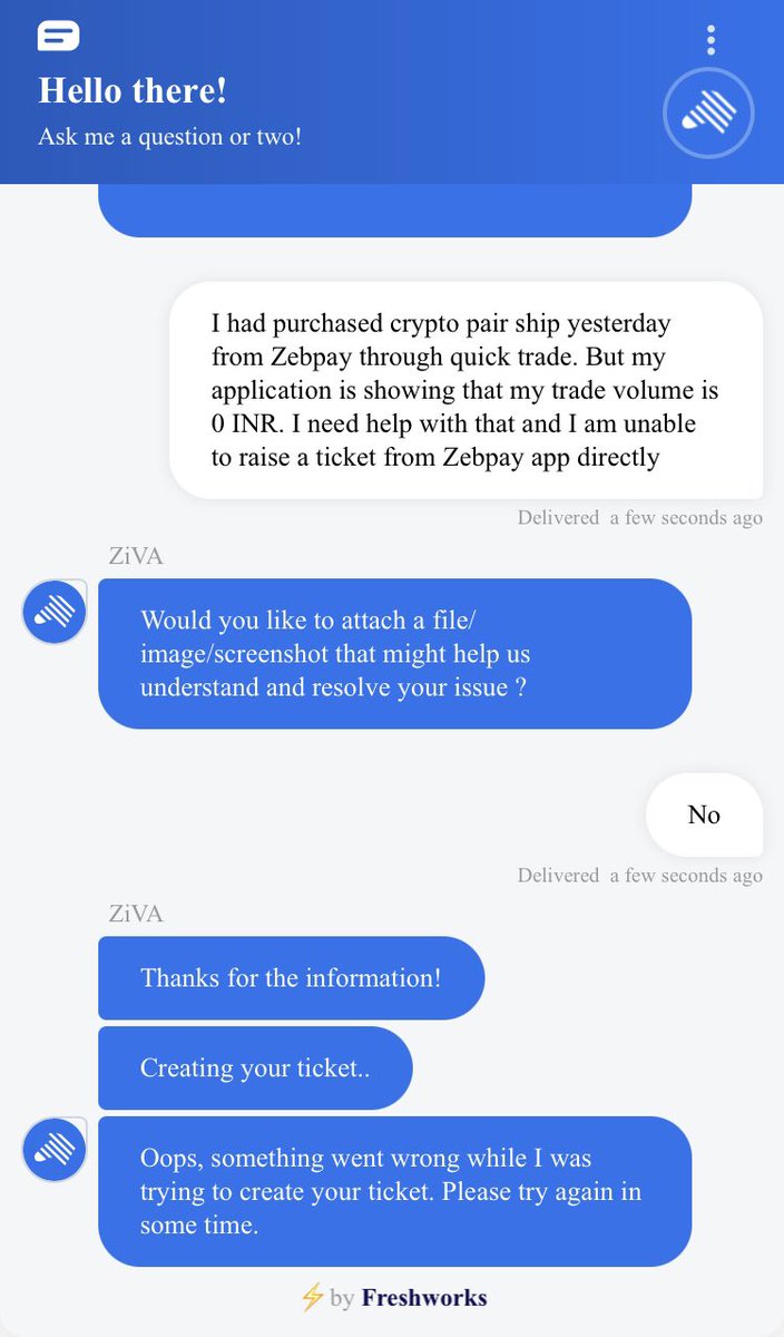 Anasmodi17's tweet photo. @zebpaysupport @zebpaysupport @zebpay Still the trade volume is 0. I tried to raise a ticket but that option is not working on my phone I can share screen recording. Also when I contacted chat see below the response. This is very poor customer support https://t.co/d5XmGHtOjF