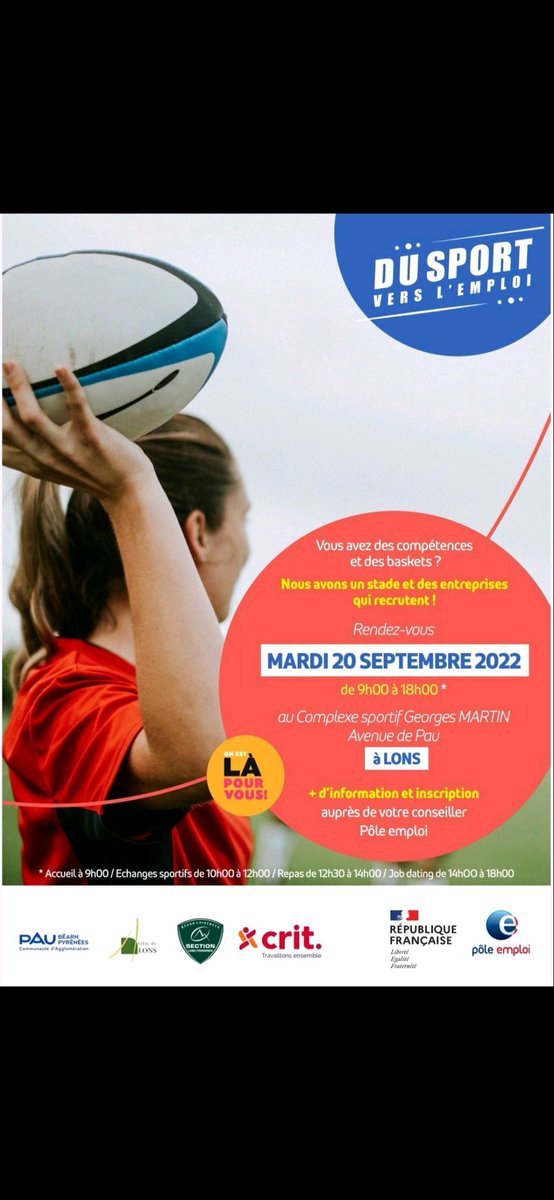 DSAINTPAUL's tweet photo. #dusportverslemploi aujourd'hui par @poleemploi_NA et le RC Lons Section Paloise. Réunir des entreprises,  des demandeurs d'emploi pour se rencontrer,  parler emploi et partager les valeurs de l'ovalie 🏈. Du sport ce matin, des recrutements cet après-midi. 
Bonne chance à tous👍 https://t.co/qoeV54yc2Z