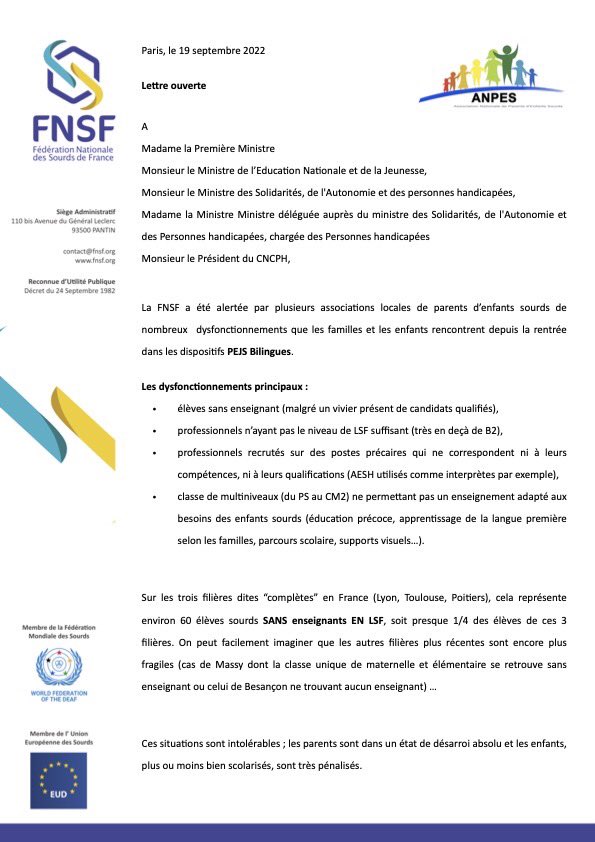 FNSF's tweet photo. Lettre Ouverte : situation alarmante élèves sourds sans enseignants @Elisabeth_Borne @education_gouv @CNCPH_fr @PapNdiaye @gdarrieussecq @JCCOMBE https://t.co/3KQ9maMPma