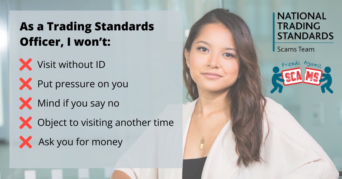 NTSscamsteam's tweet photo. If a Trading Standards Officer is attending your home for a scams visit, here's what they won't do 👇 #ScamAware https://t.co/8RCuKBvwKM