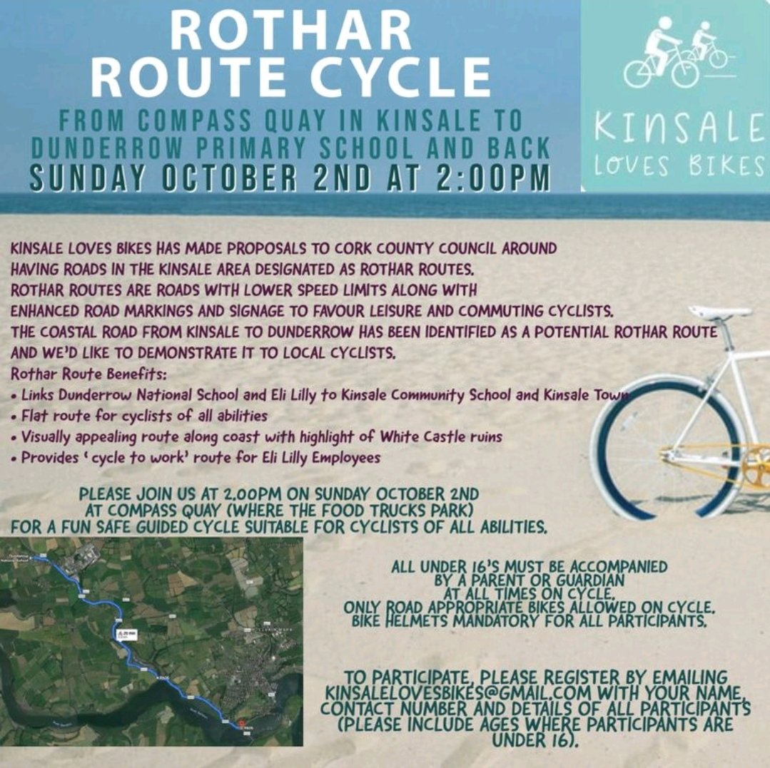KinsaleBikes's tweet photo. @CorkBikeWeek @CycleWestCork @KinsaleObserver @CorkCyclingCrew #kinsale #rotharroute #cork #kinsalelovesbikes Join us October 2nd at 2pm for our next community cycle. We've proposed cyclist friendly changes to @Corkcoco for the Dunderrow road and we'd like to highlight the route. https://t.co/HofI0325BG