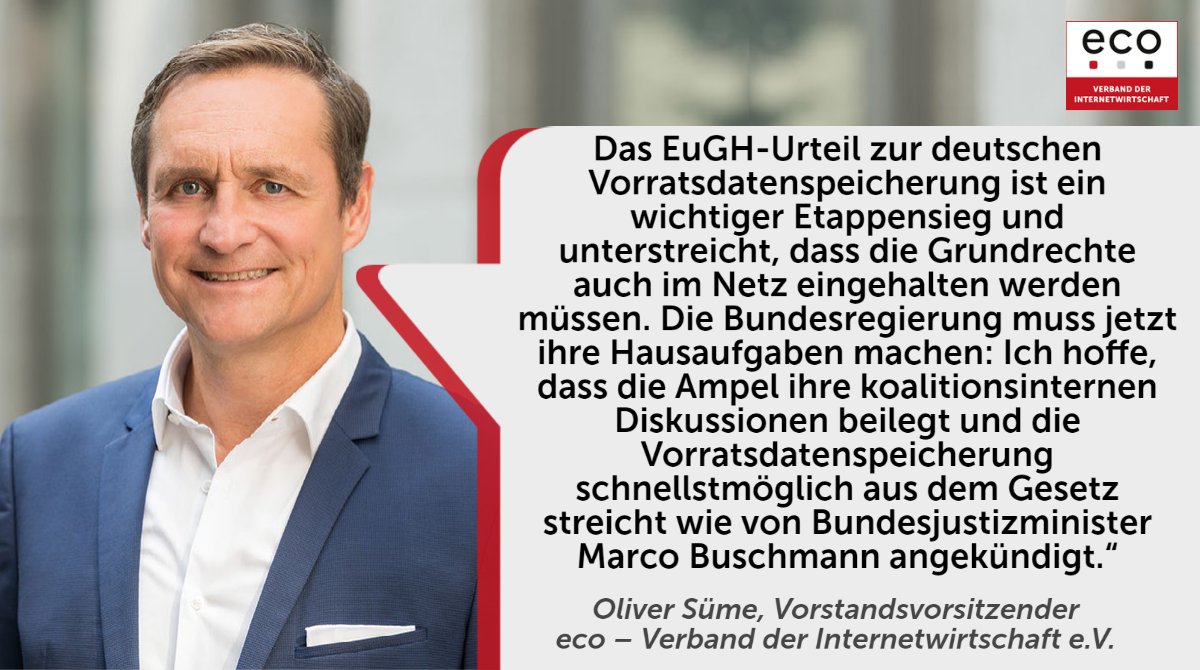 Seit sechs Jahren unterstützen wir die <a href="/SpaceNet_AG/">SpaceNet AG</a> in ihrem Rechtsstreit zur #Vorratsdatenspeicherung - heute hat der #EuGH die #VDS gekippt. Jetzt ist die #Ampel am Zug. Unser Statement zum Urteil: 
👉go.eco.de/N5DKBqt 

#quickfreeze #loginfalle