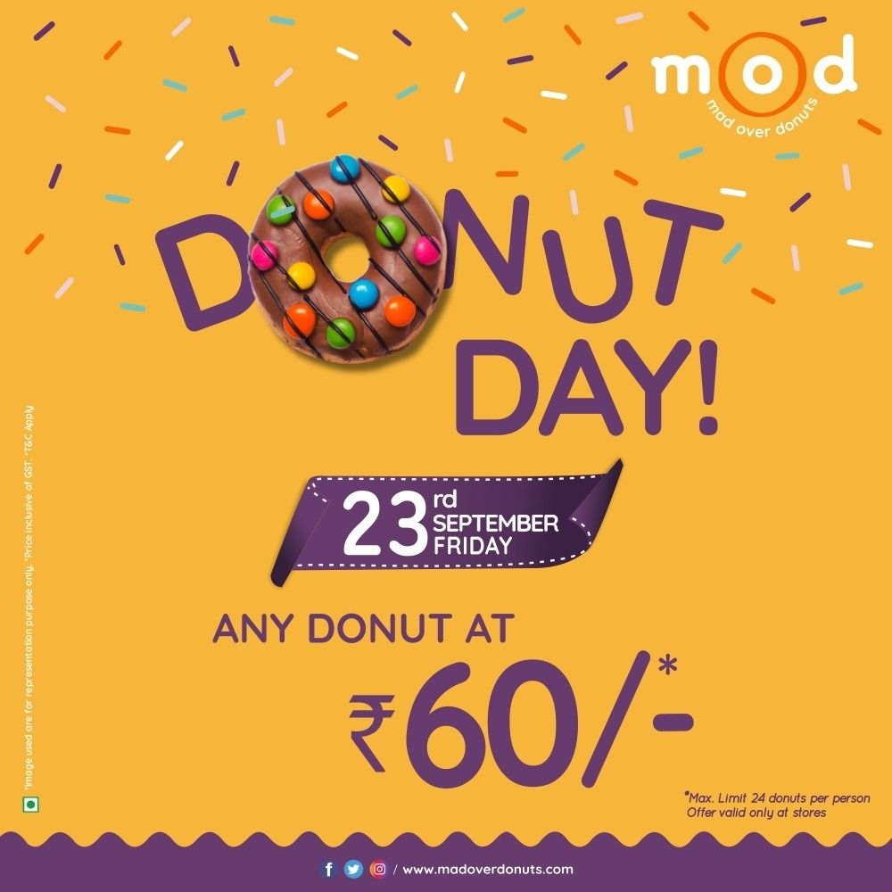PacificMallPune's tweet photo. MOD Donut Day is almost here and we’re all set for the day of ultimate Happiness! Visit your nearest MOD store and grab ANY donut of your liking at just INR 60/- only. Terms &amp; Conditions Apply. @MadOverDonuts 
#MadOverDonuts #DonutDay #KumarPacificMall https://t.co/rah4OAH3Tl