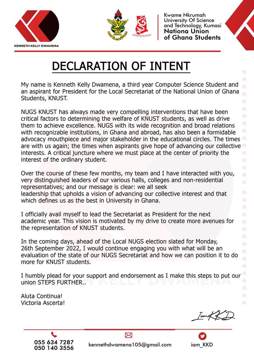 _iam_KKD's tweet photo. This vision is motivated by my drive to create more avenues for the representation of KNUST students. I officially avail myself to lead the KNUST NUGS Secretariat as President for the next academic year.
Find my declaration of intent below.
#STEPSFURTHER
#IamKKD
#NUGSPRESIDENT https://t.co/YB3AXRTO2G