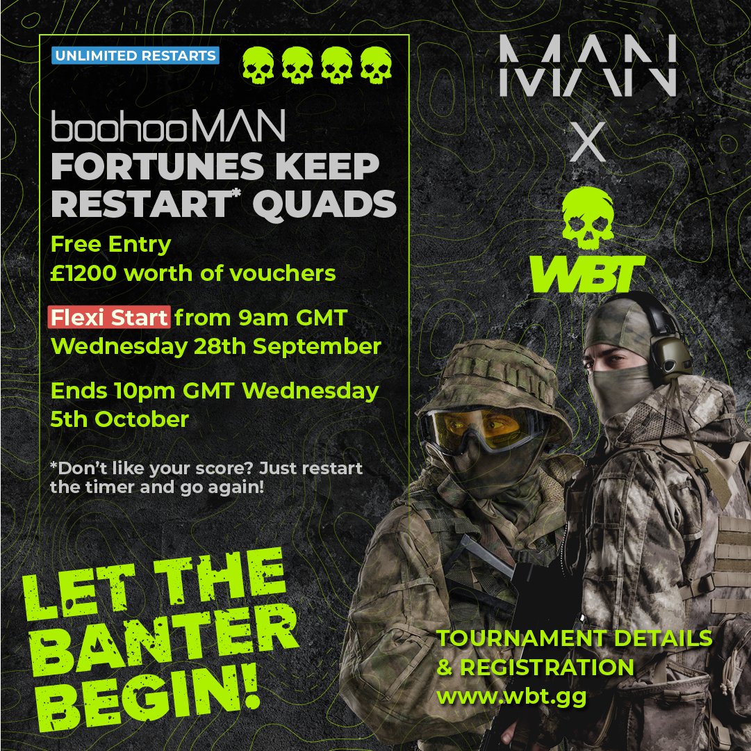 Wbt_gg's tweet photo. Officially announcing @boohooMAN x WBT Part 2! 
Register 👉🏽 https://t.co/t6nEDPBUCG 
Free entry &amp; boohooMAN putting up £1.2k in vouchers🔥
Flexi-start &amp; unlimited restarts, all on the fully automated WBT tournament platform
#boohooMANxWBT #callofduty    #warzone #fortuneskeep https://t.co/FkmBNwOUx5