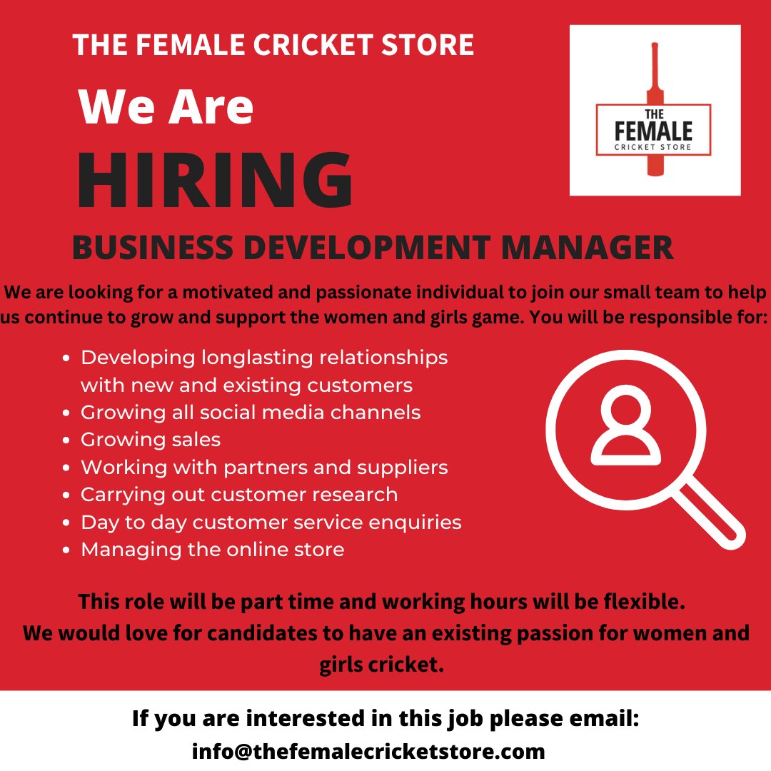 TheFemaleCktSt1's tweet photo. After two successful years, we're looking to grow our team to ensure we continue to be the go to supplier of equipment and clothing for all female cricketers.

For more information about the role please email info@thefemalecricketstore.com. 

We look forward to hearing from you! https://t.co/PFqMHhj6mG