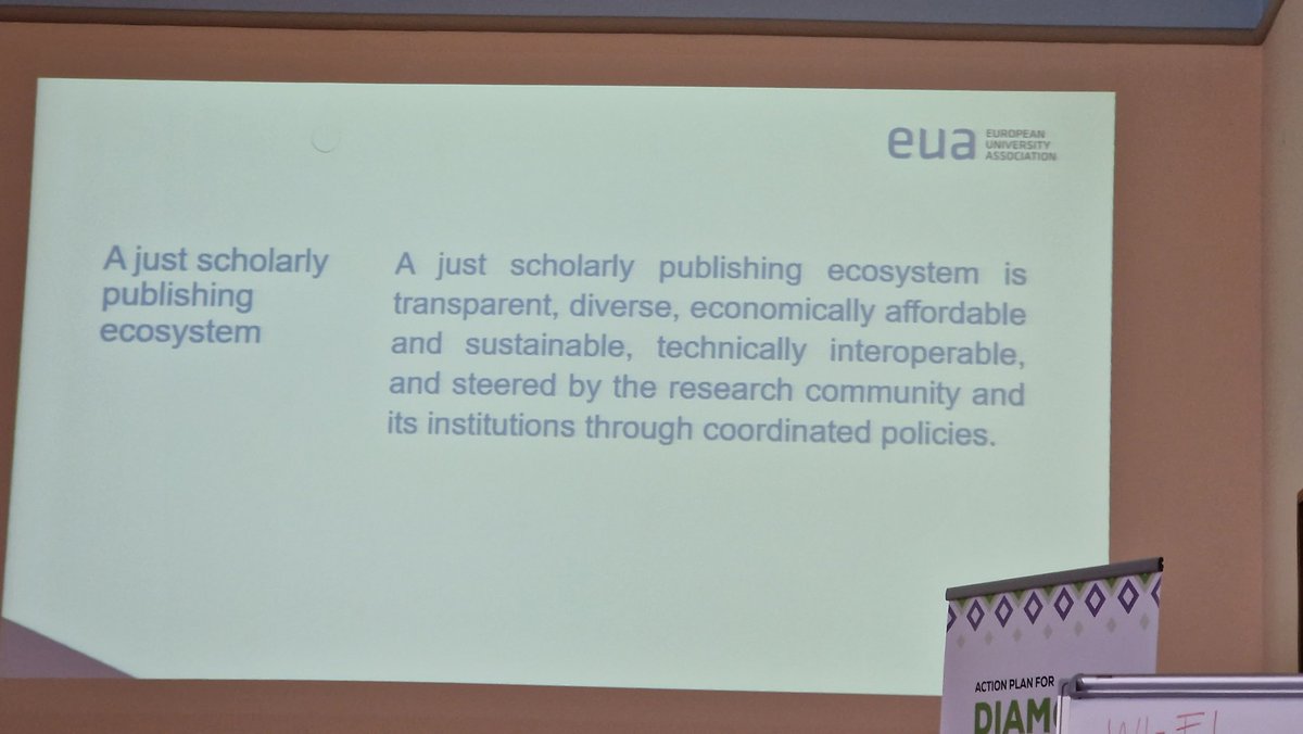 jeroenbosman's tweet photo. Now Vinciane Gaillard of @euatweets (Eur Univs Ass.) telling about EUA's position in their 2025 open science agenda (https://t.co/csIvDdstCh) focussing on a just system and their university OA checklist #DIAMAS #Act4DiamondOA https://t.co/WDnlb8ouQc