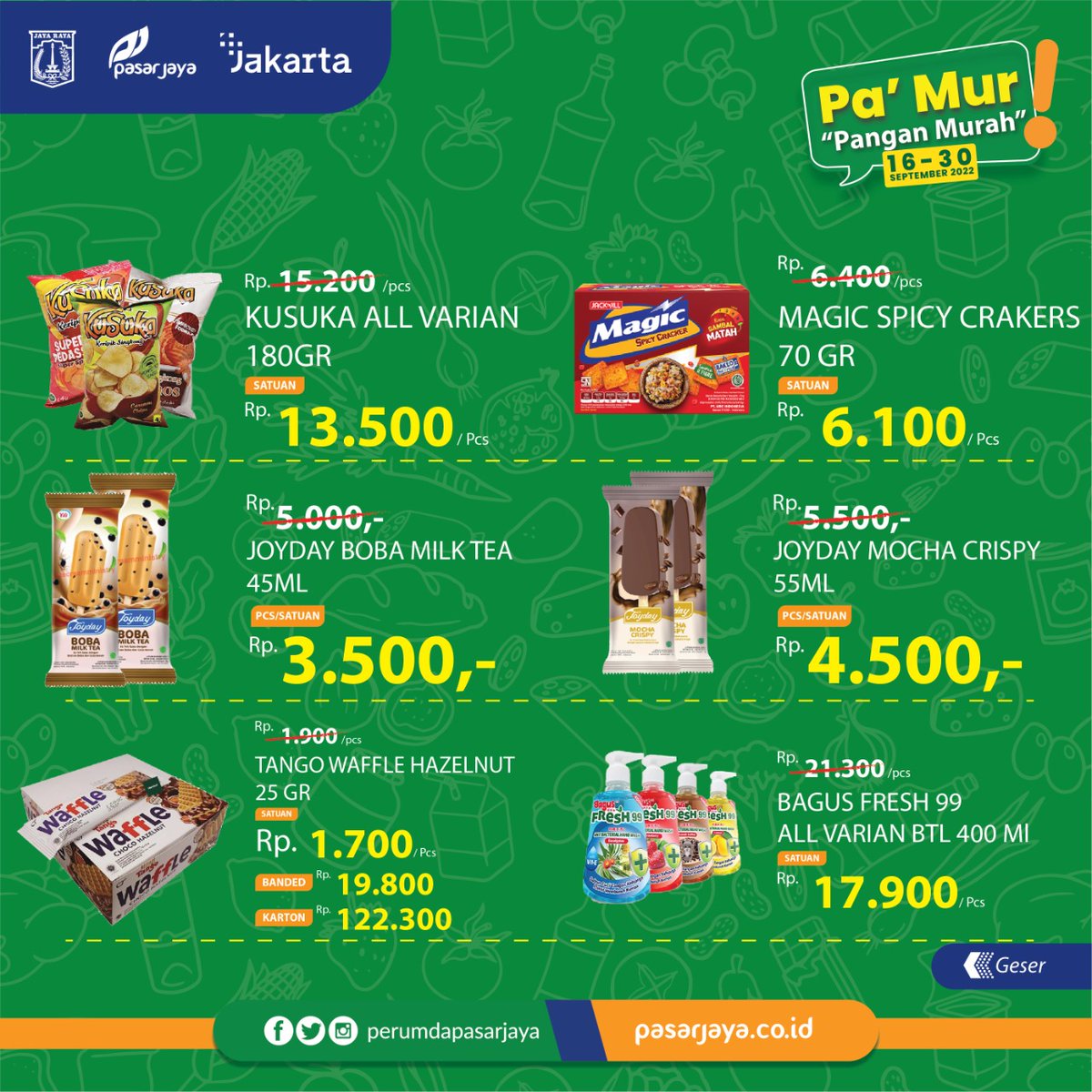 PasarJaya_JKT's tweet photo. Halo Warga DKI Jakarta! 

Promo mingguan kini hadir kembali dalam Promo Pa’Mur “Pangan Murah” bulan September! 

Berikut promo #PaMur yang tersedia di Gerai #JakGrosir #Jakmart &amp; #MiniDC Perumda Pasar Jaya. https://t.co/OsFor3isql