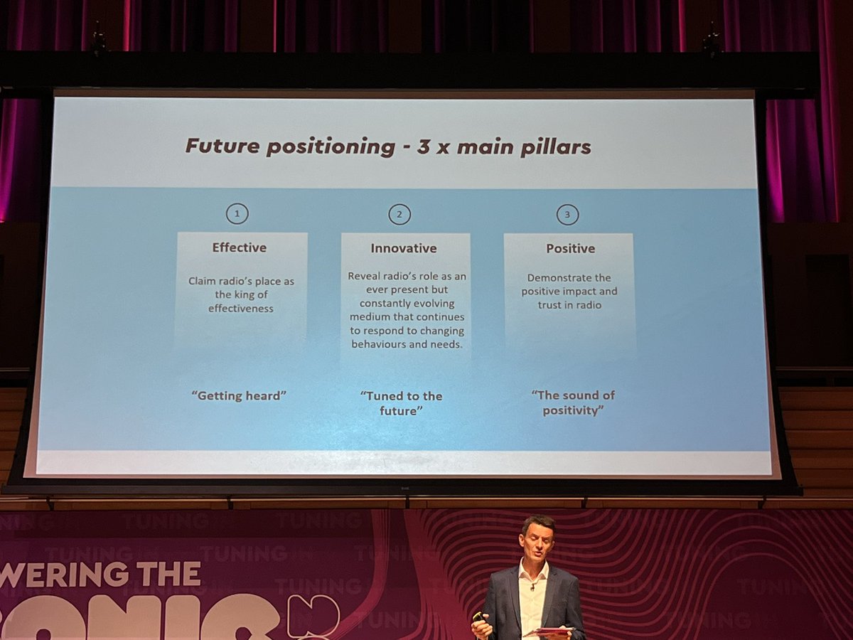 vicarsbaby's tweet image. #tuningin @Radiocentre Future positioning slide. Personally I would have put them in a different order - positive innovative and effective! Who doesn’t like pie? #lovepie #pie #thefuture #radio #steakandkidney