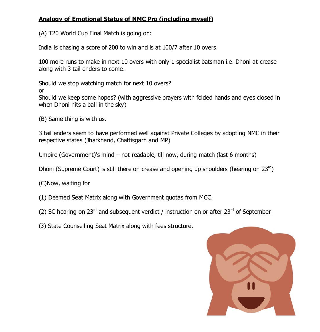 #nmcbillimplemented 

Update on 'Emotional Status' of #neetpg2022 candidates while playing cricket match against Private / Deemed Colleges with UOI as Umpire & #NMCBill is trophy to win during #neetpg2022counselling.

#neetug 2022 students are spectators backing #neetpg #Doctors.